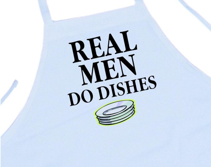 Real Men Do Dishes White Full Length Chef Apron, Dishwashing Aprons, Extra Long Ties