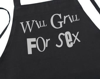 Black BBQ Apron Will Grill For Sex, Funny Cooking Aprons For Men And Women, Adult Themed Chef Aprons