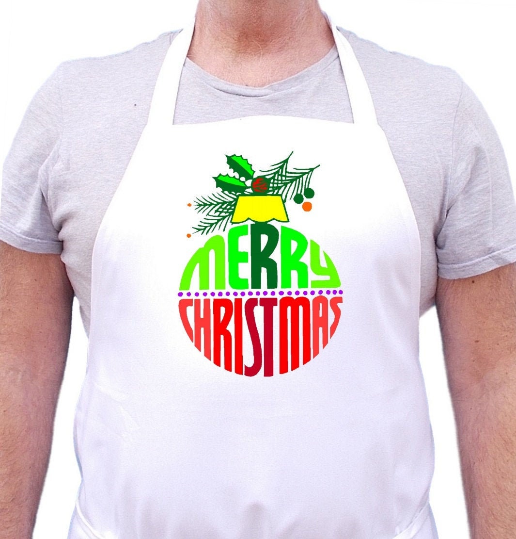 Merry Christmas Chef Apron, White Holiday Cooking Aprons, Full Bib