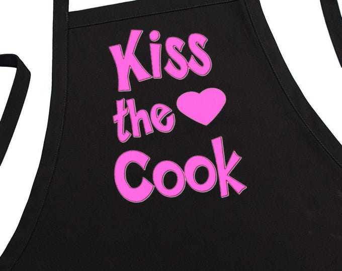 Black Kitchen Apron Kiss the Cook, Chef Aprons with Funny Sayings, Cooking Aprons With Pockets And An Adjustable Neck Strap