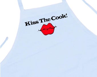 Kiss The Cook White Kitchen Aprons, Comical White Baking Aprons, Professional Chef Aprons