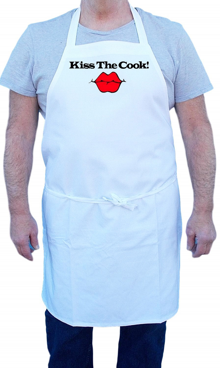 Novelty Kitchen Apron Kiss The Cook White Cooking Aprons, Extra Long Ties
