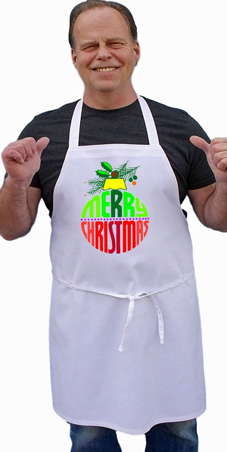 Merry Christmas Chef Apron, White Holiday Cooking Aprons, Full Bib