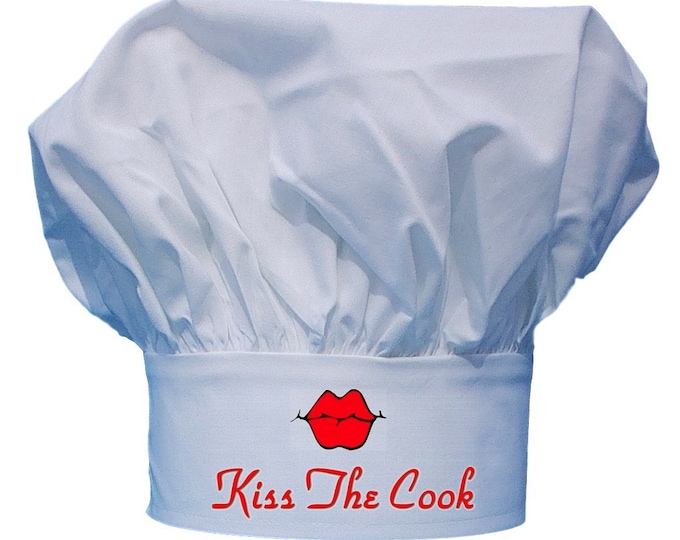 Kiss The Cook Chef Hat For Cooking And Baking, Adjustable Closure, White Toques For Men And Women
