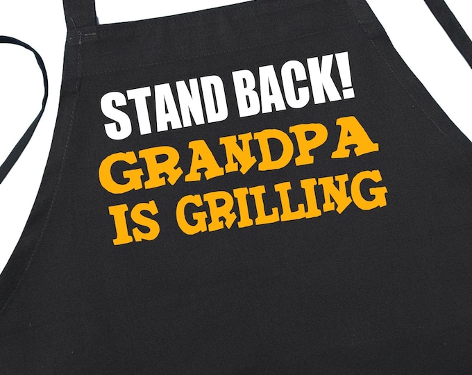 Stand Back Grandpa Is Grilling Funny Aprons For Men, Black With Extra Long Ties, Fathers Day Gift Idea