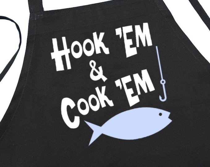 Fisherman's Gift Idea Hook'em and Cook'em Black Cooking Aprons, Kitchen Aprons For Men and Women