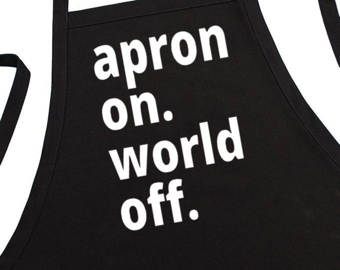 CoolAprons Apron On World Off, Black, Fully Adjustable, Two Patch Pockets, Extra Long Ties, One Size Fits All