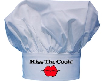 Kiss The Cook Chef Hat For Cooking And Grilling, Adjustable Closure, White Toques For Men And Women