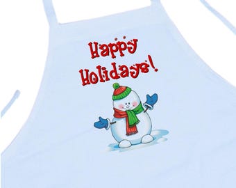 Christmas Aprons Happy Holidays White Cooking Apron, Full Bib Apron For Holiday Cooks