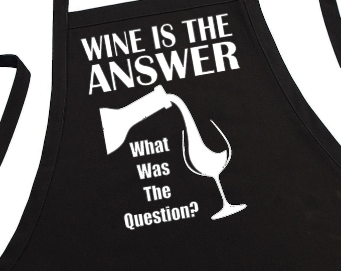 Wine Is The Answer Cooking Aprons For Men And Women, Funny Black Kitchen Apron With Pockets And Fully Adjustable