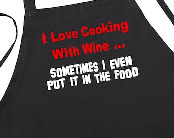 I Love Cooking With Wine Black Kitchen Apron, Designer Aprons For Grilling, Chef Apron Gift Idea For Wine Lovers