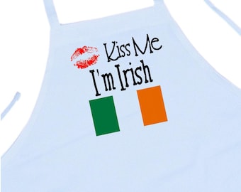 St Patrick's Day Aprons Kiss Me I'm Irish, Funny Irish Themed Aprons, White Cooking Aprons
