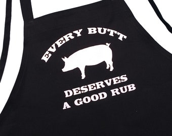 Funny BBQ Apron Every Butt Deserves A Good Rub, Black, Extra Long Ties, Grilling Gift Idea