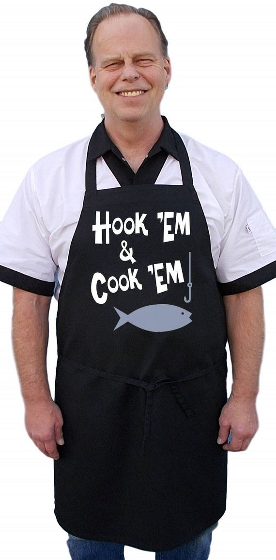 Unique Fishing Gift Hook'em and Cook'em Funny Black Aprons, BBQ
