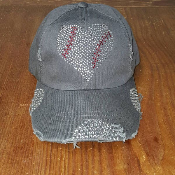 Baseball Mom Heart Bling Hat - Baseball Bling Hat -  Distressed Ladies Hat -Distressed Hat - Weathered Hat - Blingy Hat - Baseball Cap