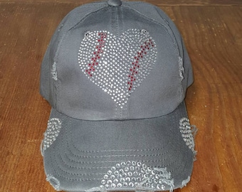 Baseball Mom Heart Bling Hat - Baseball Bling Hat -  Distressed Ladies Hat -Distressed Hat - Weathered Hat - Blingy Hat - Baseball Cap