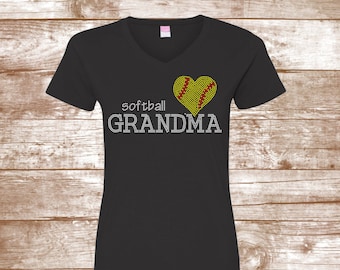 Softball Grandma Bling Shirt - Softball Heart - Heart of Softball Shirt - Softball Bling Shirt - Yellow Softball - Grandma Gift