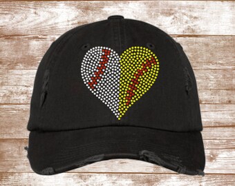 Baseball and Softball Heart - Ball Heart Bling Hat - Bling Hat -  -  Distressed Hat - - Weathered Hat - Baseball Mom - Softball Mom - Spirit
