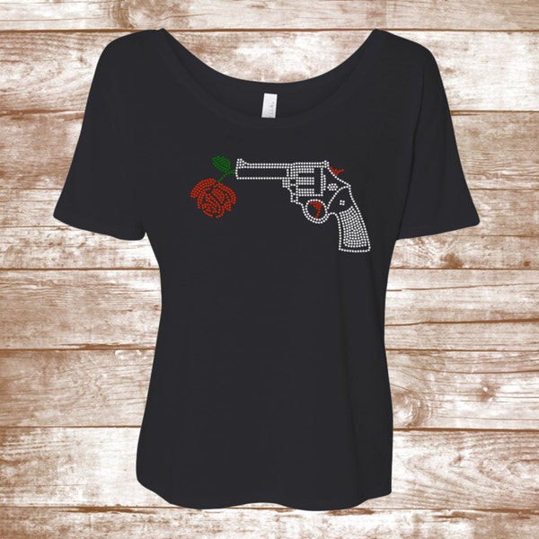 Love Revolver Bling Shirt - Guns and Flowers - Dolman Shirt - Dolman Ladies Slouchy Shirt - Revolver Shirt - Trendy Shirt - Bling and Flower