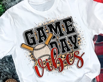 Baseball Mom Tee - Game Day Vibes - Leopard Print - Baseball PNG - Baseball Shirt - Red and White - Baseball - Mom Shirt