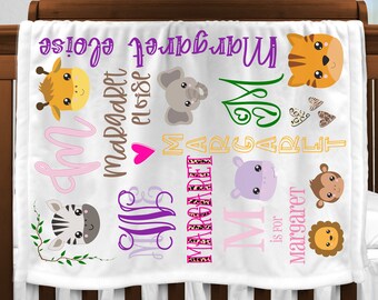 Personalized Baby Blanket - Baby Shower Gift - Monogram Baby Blanket -Swaddle Receiving Blanket - Safari Animals - Zoo Animals - Girly Print