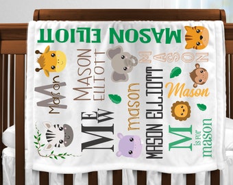 Personalized Baby Blanket - Baby Shower Gift - Monogram Baby Blanket -Swaddle Receiving Blanket - Safari Animals - Zoo Animals - Girly Print