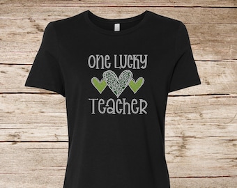 One Lucky Teacher - Teacher St. Patrick's Day Shirt - Hearts - Cheetah Print - Black Shirt - Plus Size Available - Ladies Clothing