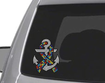 Autism Awareness Ribbon Car Decal - Rhinestone Decal - Hard Surface - Car Sticker - Autism  - Anchor - Bling - Nautical - Ribbon - Puzzle