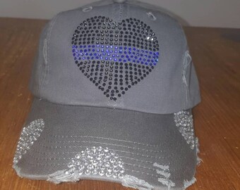 SALE! Blue Line Hat - Bling Hat - Police Support Hat -Distressed Ladies Hat -Distressed Hat - Weathered Hat - Thin Blue Line Hat - Blue Line