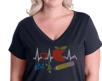Teacher Bling Shirt - Heartbeat Of A Teacher - Teacher Shirt - School Supplies - Ladies Clothing - Plus Size Available - Back To School