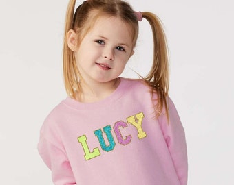 Name Sweatshirt - Chenille - Jersey Font - Kids Name Sweatshirt - Glitter Print Chenille Design - Youth Crewneck Sweatshirt - Sweatshirt