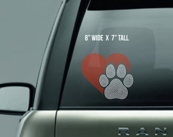 Paw Print Bling Car Decal - Paw Print with Heart Cutout - Paw and Heart Decal - Car Sticker - Permanent Sparkle Decal - Car Accessories