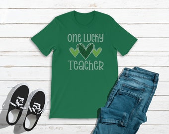 One Lucky Teacher - Teacher St. Patrick's Day Shirt - Hearts - Cheetah Print - Green Shirt - Plus Size Available - Ladies Clothing