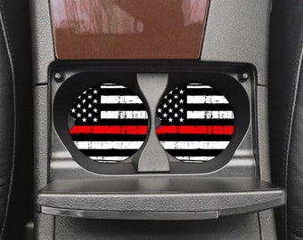 Thin Red Line Car Cup Coaster - Custom Car Decor - Car Accessories - Firefighter - First Responder - Back the Blue - Thin Red Line Flag