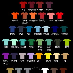 May include: A chart of solid vinyl colours for t-shirts. The colours are arranged in rows and columns, with the names of each colour listed below. The chart includes a variety of colours, including red, blue, green, yellow, and purple. The chart also includes some more unique colours, such as "Texas Orange" and "Neon Coral".