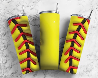 Custom Tumbler - Softball Tumbler-  3D Puff  - 20 oz. Tumbler - 30 oz. Tumbler - Personalized Tumbler - Yellow Ball - Red Laces - Softball