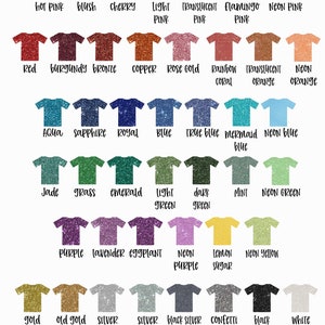 May include: A chart of 30 different colours of glitter vinyl for crafting projects. The colours are displayed on small t-shirt shapes. The colours include hot pink, blush, cherry, light pink, translucent pink, flamingo pink, neon pink, red, burgundy, bronze, copper, rose gold, rainbow coral, translucent orange, neon orange, aqua, sapphire, royal blue, blue, true blue, mermaid blue, neon blue, jade, grass, emerald, light green, dark green, mint, neon green, purple, lavender, eggplant, neon purple, lemon sugar, neon yellow, gold, old gold, silver, silver confetti, black silver, confetti, black, and white.