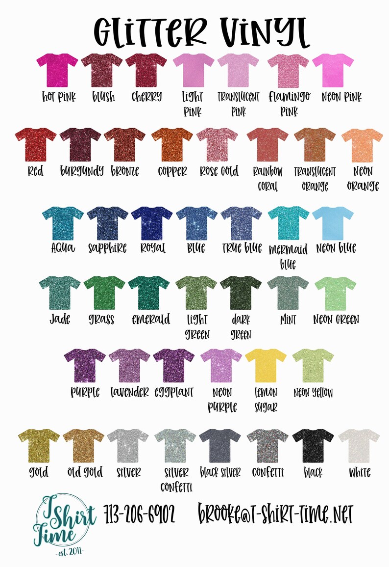 May include: A chart of 30 different colours of glitter vinyl for crafting projects. The colours are displayed on small t-shirt shapes. The colours include hot pink, blush, cherry, light pink, translucent pink, flamingo pink, neon pink, red, burgundy, bronze, copper, rose gold, rainbow coral, translucent orange, neon orange, aqua, sapphire, royal blue, blue, true blue, mermaid blue, neon blue, jade, grass, emerald, light green, dark green, mint, neon green, purple, lavender, eggplant, neon purple, lemon sugar, neon yellow, gold, old gold, silver, silver confetti, black silver, confetti, black, and white.