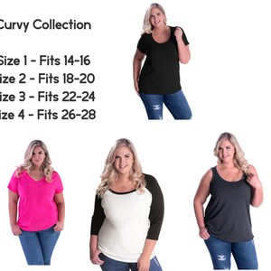 Puede incluir: Cuatro mujeres modelan diferentes estilos de camisas en una tabla de tallas para una l&iacute;nea de ropa llamada "Curvy Collection". La tabla muestra las tallas 1-4 y las tallas espa&ntilde;olas para mujeres correspondientes 40-42, 44-46, 48-50 y 52-54.