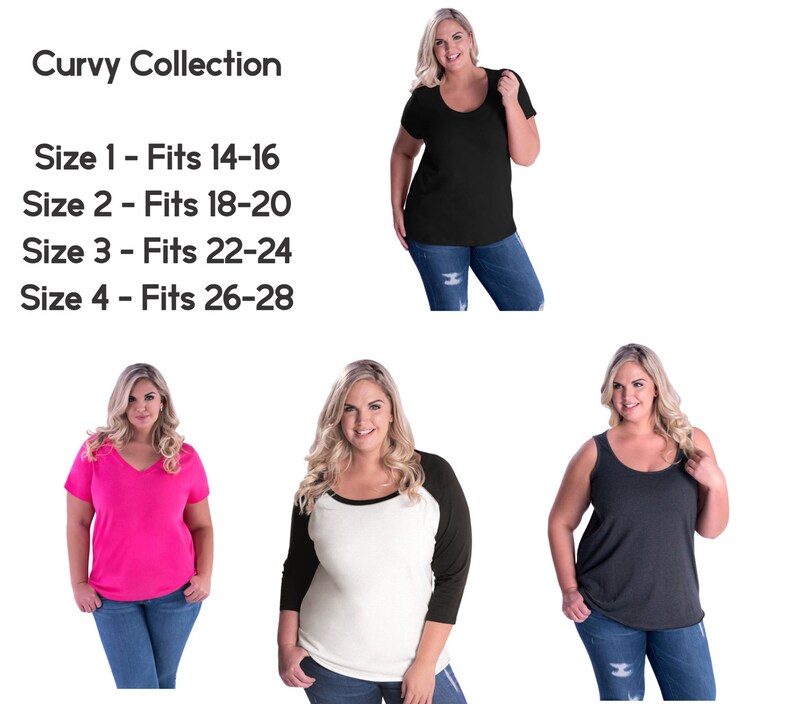 Puede incluir: Cuatro mujeres modelan diferentes estilos de camisas en una tabla de tallas para una l&iacute;nea de ropa llamada "Curvy Collection". La tabla muestra las tallas 1-4 y las tallas espa&ntilde;olas para mujeres correspondientes 40-42, 44-46, 48-50 y 52-54.