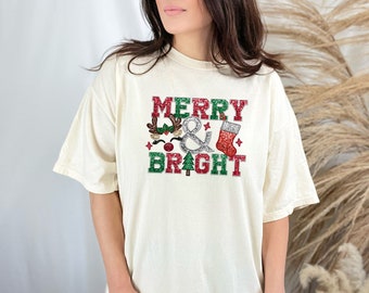 Merry & Bright Christmas Shirt - Faux Sequins and Embroidery Shirt - Reindeer - Christmas Stocking - Glitter - Ladies Clothing - Christmas