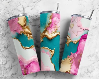 Custom Tumbler - Glitter Tumbler - Pink Gold Teal - Gold Foil - Alcohol Ink Design - 20 oz. Tumbler - Personalized Tumbler - 30 oz. Tumbler