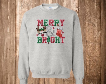 Merry & Bright Christmas Sweatshirt - Faux Sequins and Embroidery Shirt - Reindeer - Christmas Stocking - Glitter- Christmas Crewneck