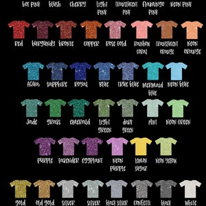 May include: A chart of glitter vinyl colours for t-shirts. The colours are arranged in rows and columns, with each colour represented by a small t-shirt shape. The colours include hot pink, blush, cherry, light pink, translucent pink, flamingo pink, neon pink, red, burgundy, bronze, copper, rose gold, rainbow coral, translucent orange, neon orange, aqua, sapphire, royal blue, blue, true blue, mermaid blue, neon blue, jade, grass, emerald, light green, dark green, mint, neon green, purple, lavender, eggplant, neon purple, lemon sugar, neon yellow, gold, old gold, silver, silver confetti, black silver, confetti, black, and white.