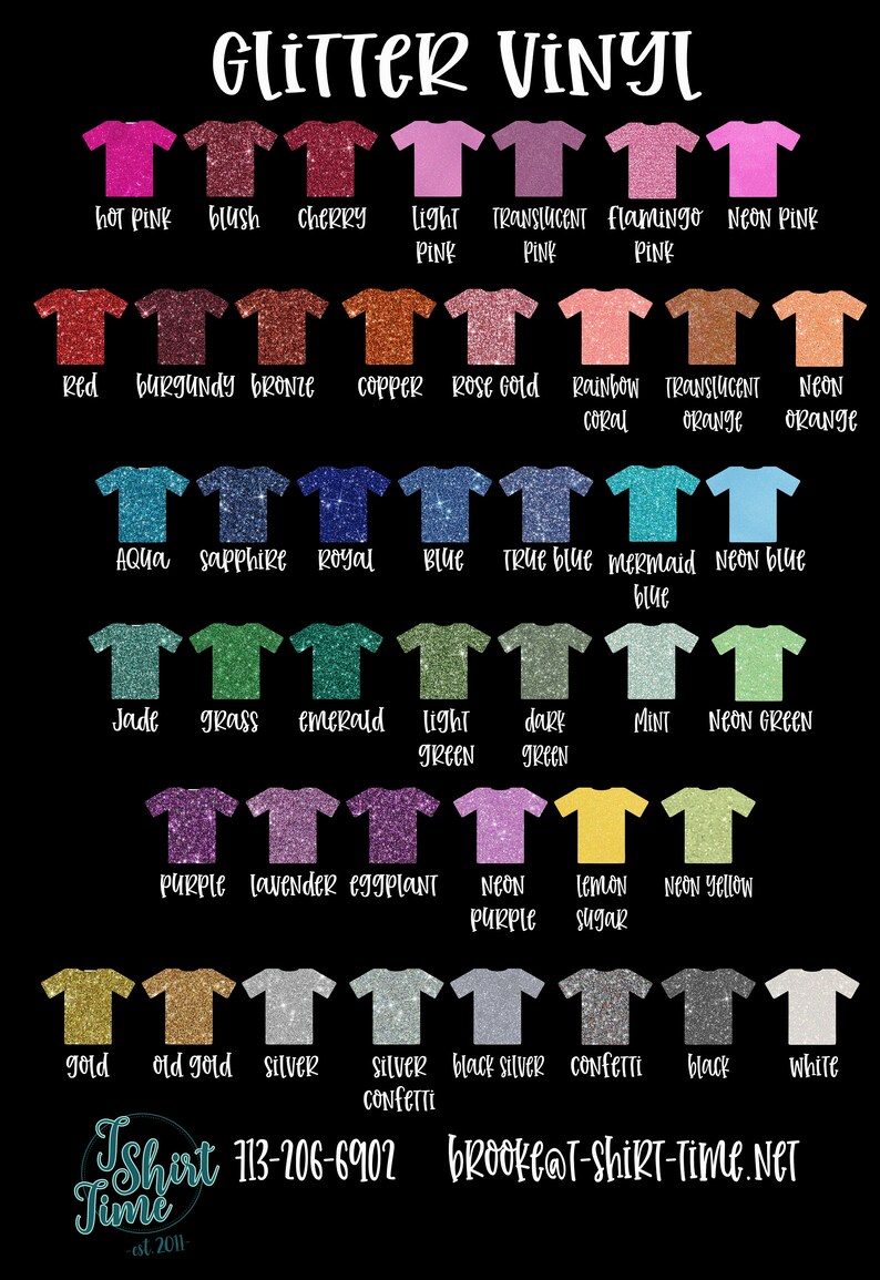 May include: A chart of glitter vinyl colours for t-shirts. The colours are arranged in rows and columns, with each colour represented by a small t-shirt shape. The colours include hot pink, blush, cherry, light pink, translucent pink, flamingo pink, neon pink, red, burgundy, bronze, copper, rose gold, rainbow coral, translucent orange, neon orange, aqua, sapphire, royal blue, blue, true blue, mermaid blue, neon blue, jade, grass, emerald, light green, dark green, mint, neon green, purple, lavender, eggplant, neon purple, lemon sugar, neon yellow, gold, old gold, silver, silver confetti, black silver, confetti, black, and white.