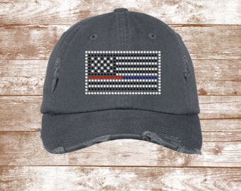 SALE! Thin Blue and Red Line Flag Hat - Bling Hat - Police Hat - Distressed Hat - Weathered Hat - Thin Blue Line Hat - Thin Red Line Hat