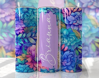 Floral Name Tumbler - 20 oz - 30 oz -Tumbler - Blue Floral - Custom Tumblers - Seamless Tumbler Wrap - Flowers - Custom Name