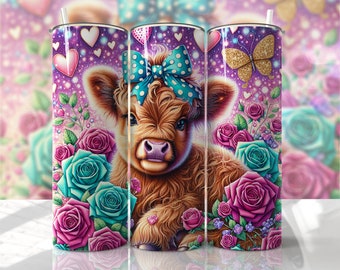 Highland Cow - 20 oz - 30 oz -Tumbler -Roses- Custom Tumblers - Cow Tumbler - Valentine's Day Tumbler - Bridesmaid Gift - Bachelorette Party