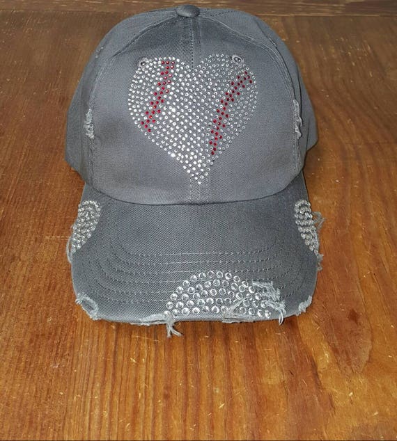 Baseball Mom Heart Bling Hat - Baseball Bling Hat -  Distressed Ladies Hat -Distressed Hat - Weathered Hat - Blingy Hat - Baseball Cap