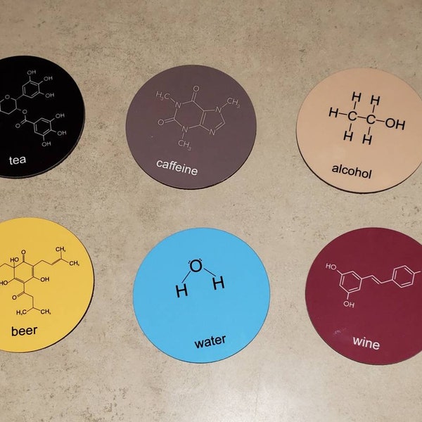 Chemical Structure Coaster Set- Nerdy Gift- House Warming Gift - Scientist  - Chemist Gift - Coaster Set - Tea - Coffee - Beer - Caffeine